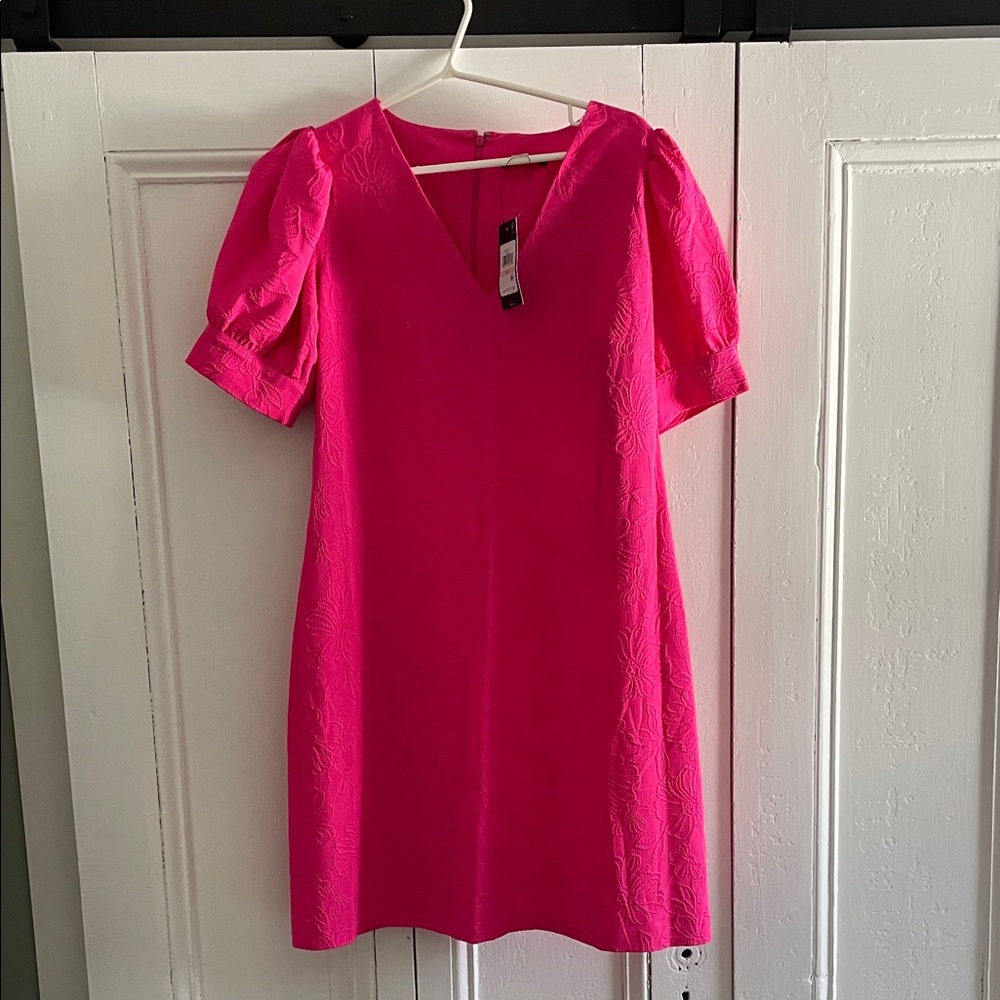 Tommy Hilfiger Women’s Pink V-Neck Dress size 10 Large Puff Sleeves